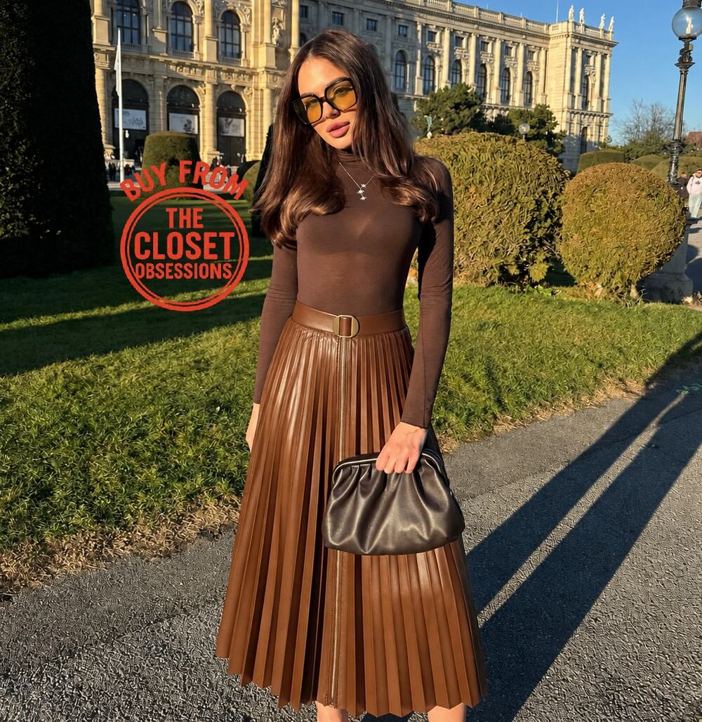 Zara Whiskey Brown Faux Leather Pleated Midi Skirt NWT High Waist Old Money